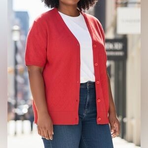 Red Short Sleeve Cardigan Sweater - L